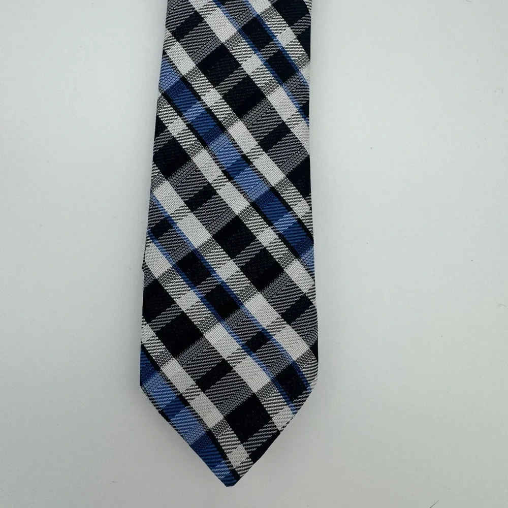 Boys Clip on skinny neck Tie plaid checkered blue black white dressy formal